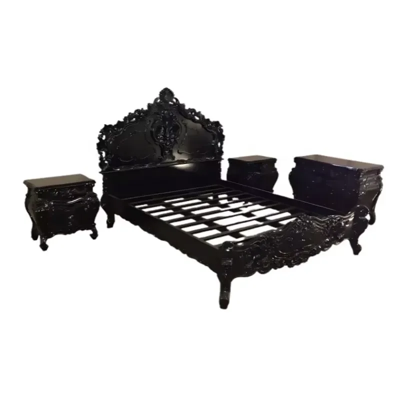 Solid Wood Rococo Bed Set French Provincial Hand Carved Bedroom Furniture Central Java Indonesia Luxury King Size Queen
