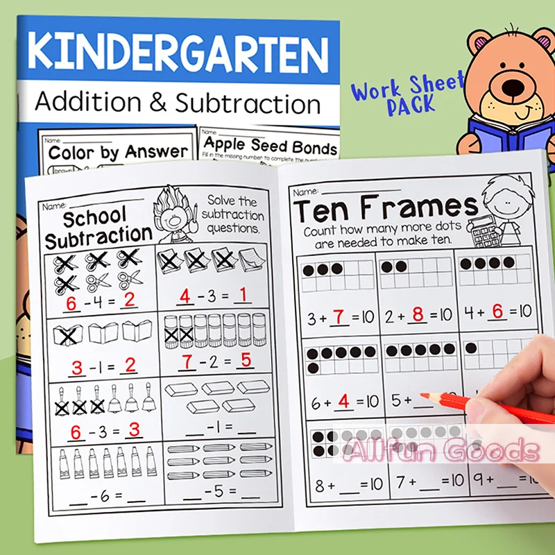 32-Page Interactive Math Learning Workbook With Addition & Subtraction Worksheets, Crossword Puzzles, Colorful Math Activities