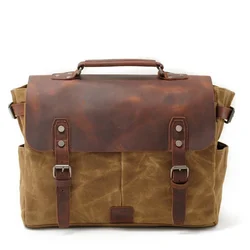 Vintage Batik Canvas with Crazy Horse Leather Briefcase Handbag Men's Bags Business Travel Shoulder Crossbody Bag