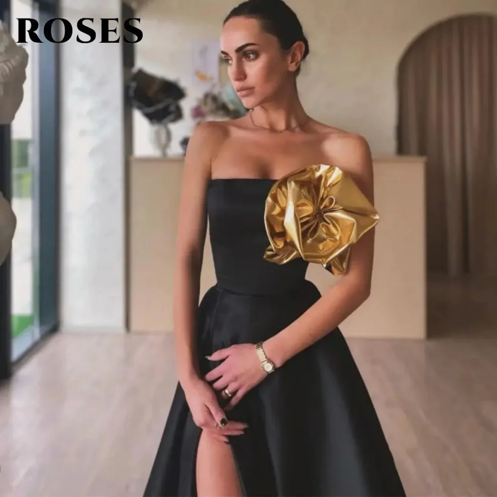 ROSES Black Satin Party Dress Chic Grand Strapless Night Dress with 3D-Flowers A-Line Sleeveless Wedding Prom Dress Customized