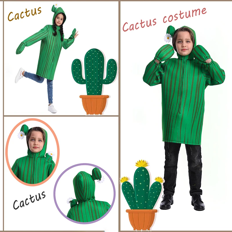 Halloween Unisex Kids Cactus Costume Children Cosplay Party Girls Boys Role Play Green Plant Jumpsuit