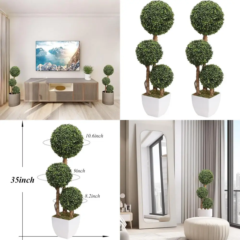 Outdoor Triple Ball Boxwood Topiary Trees, 2-Pack, Detachable Green Spheres, 35 Inch Tall, Suitable for Indoor or Garden Decor