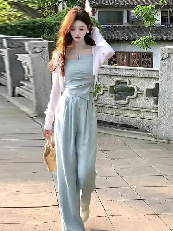

High Waist Wide Leg Pants Slim Fit Tank Top Two Piece Set Women Summer Korean Style Fashion Ensemble Original Model Version