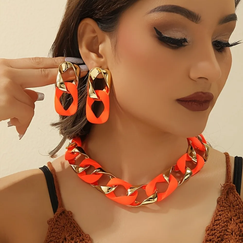 Fashion Fluorescent Color Jewelry Set Resin Acrylic Splicing Matte And Earrings Chunky Statement Party Accessories