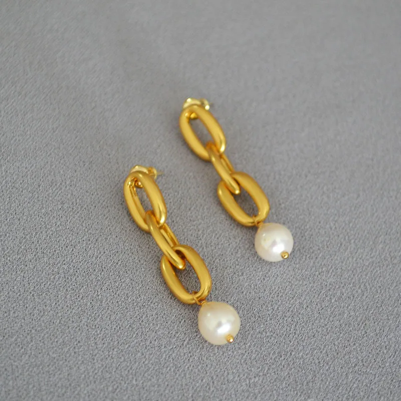 

Freshwater Pearl Earrings Vintage 925 Silver Needle Gold-plated Brass Chain Drop Earrings