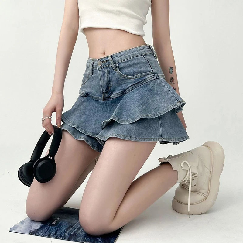 Streetwear Ruffles Denim Short Skirts Women Korean Chic High Waist A Line Jeans Skirt Woman Vinatge Pocket Dance Mini Skirt
