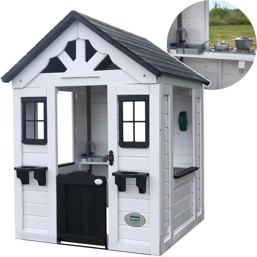 Sweetwater All Cedar White Modern Outdoor Wooden Playhouse, Cottage, Sink, Stove, Windows, Kitchen with Pot and Pans