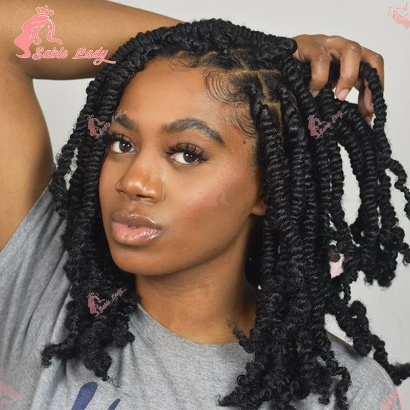 Peruca curta primavera torção tranças sintéticas cheia do laço trançado perucas para preto feminino curto paixão torção cabelo 12 "bob trançado perucas