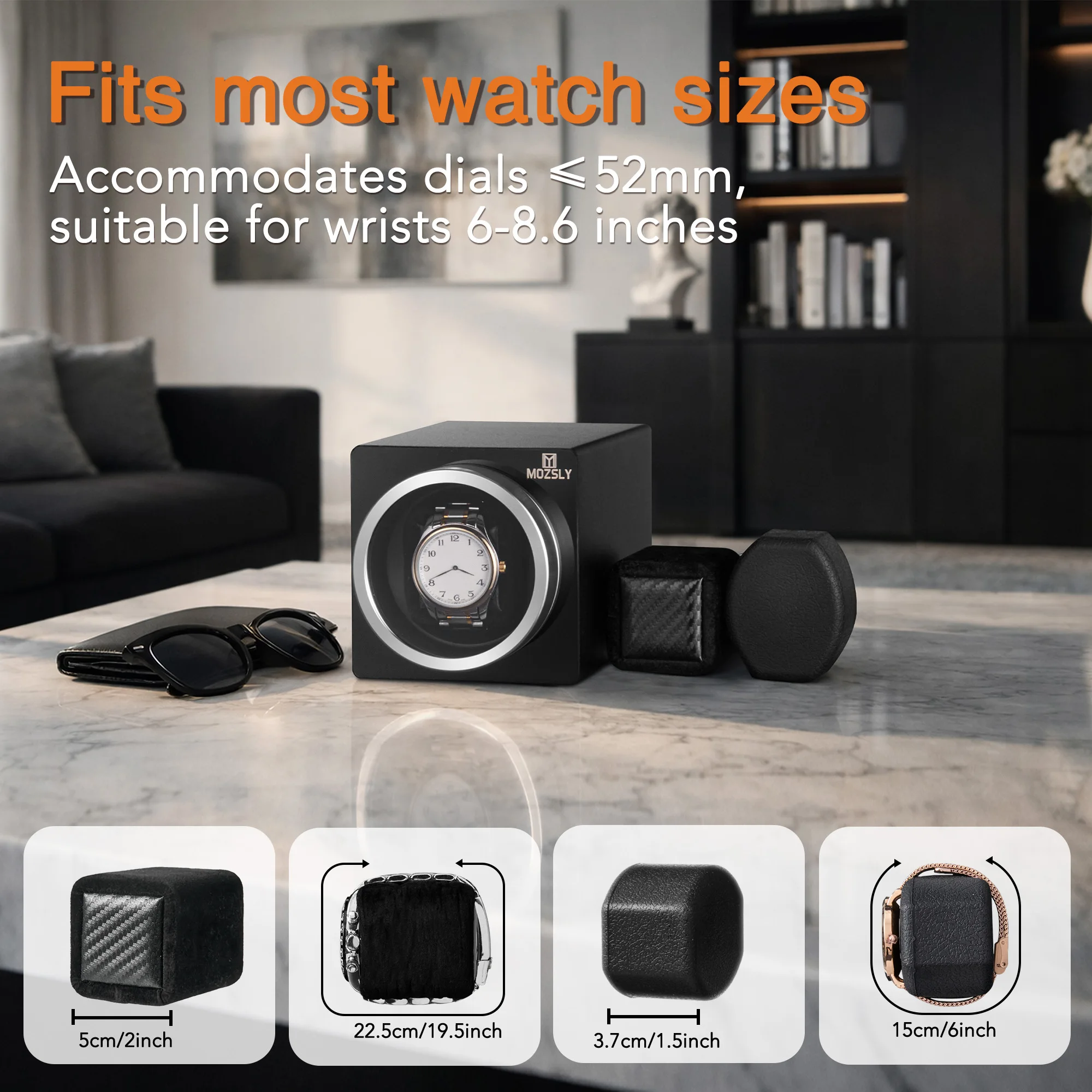 Mozsly Luxury Single Watch Winder, 20 dB Japanese Motor, Carbon/Metal Finishes, 12 TPD Stackable, for Showcase, Fits Rolex Omega