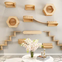 Cat Wall Mounted Furniture Wooden Hammock Climbing Shelf Set Perch Sisal Ladder Scratching Post Beds Perches Stable For Kitty