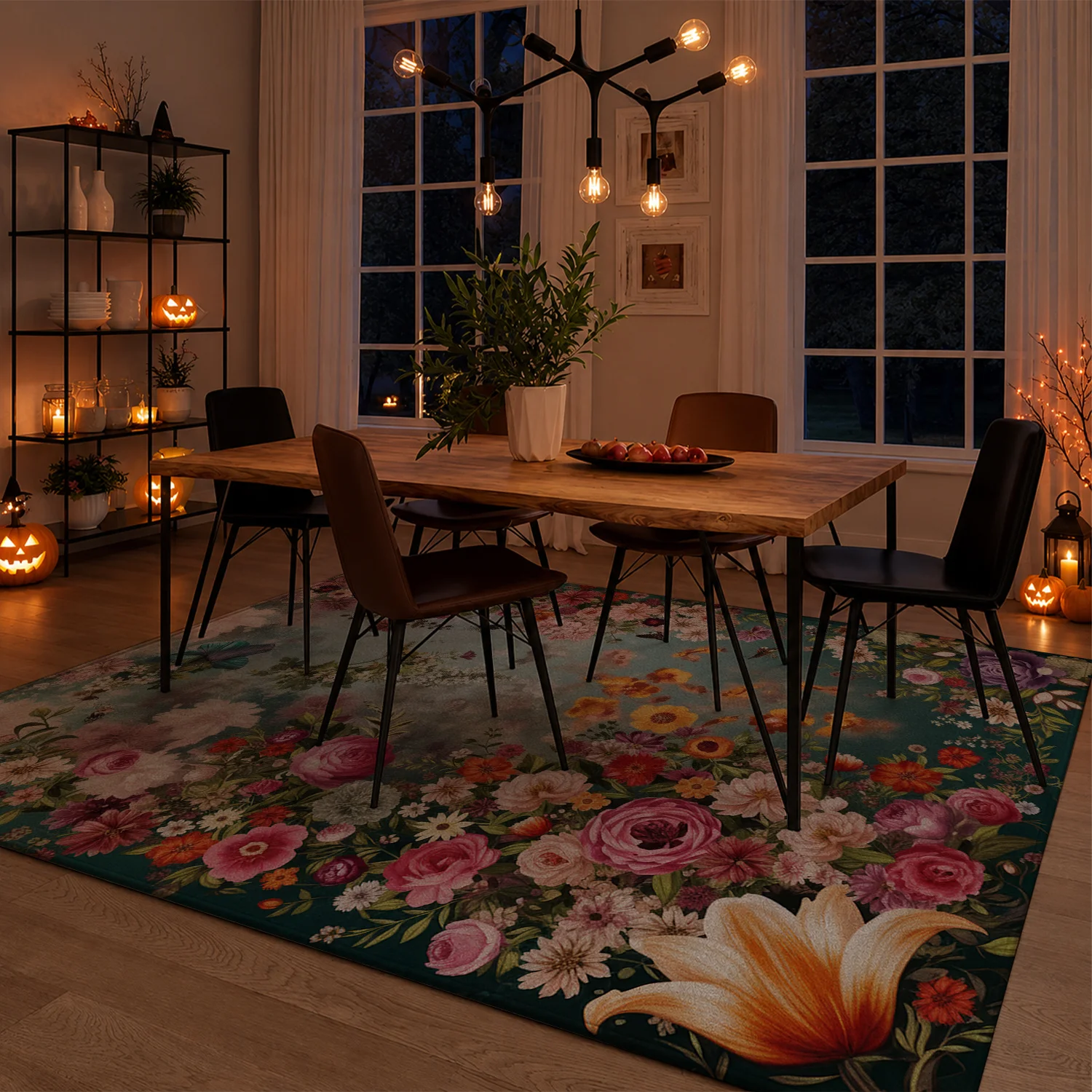 Large Indoor Area Rug, Soft Velvet Low Pile with Non-slip Dotted Backing, Machine Washable, Vintage Floral Teal Pattern for Living Room and Bedroom Home Decor