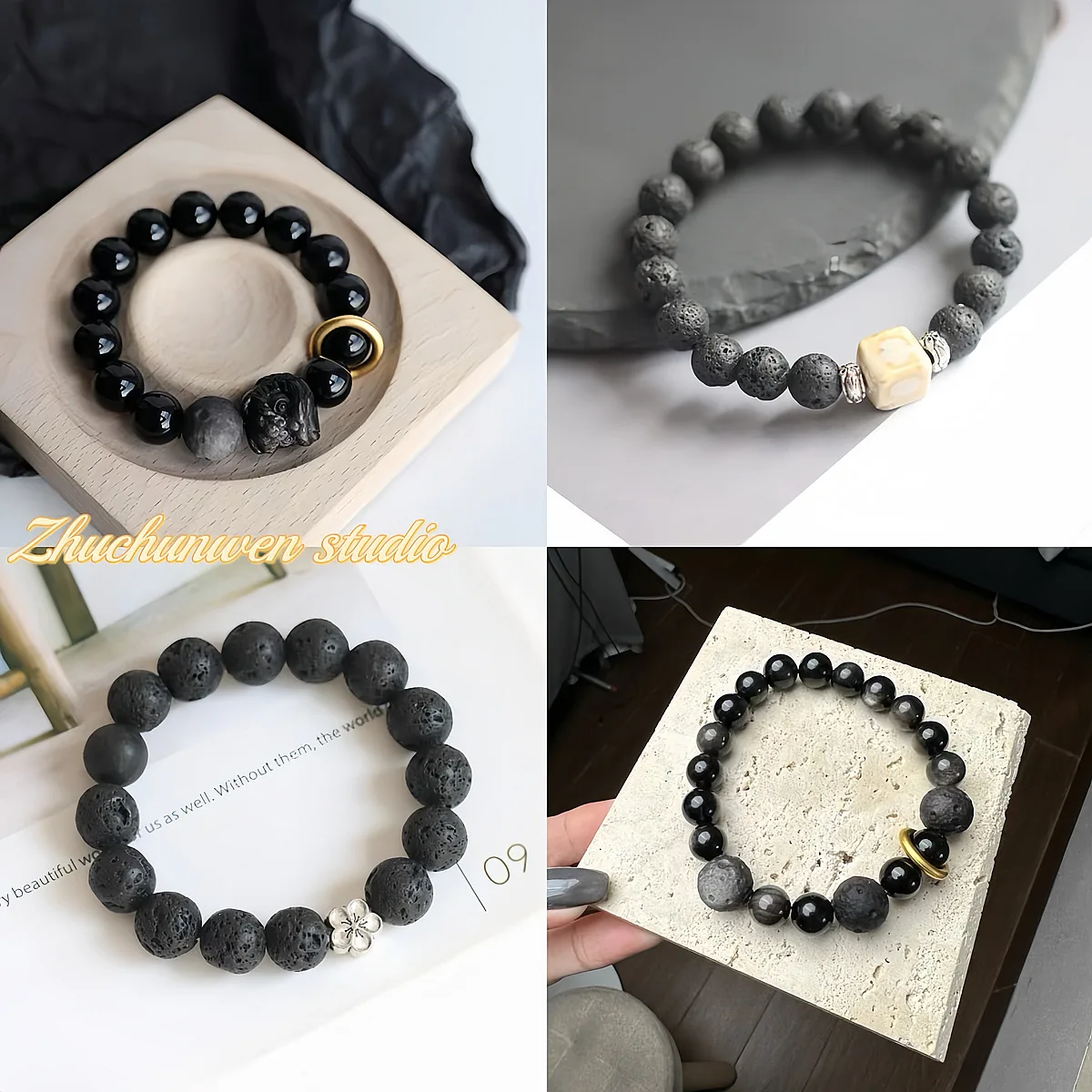 100 قطعة 6/8/10 مللي متر الحجر البركاني الطبيعي النقي الخرز المستديرة سلسلة سوداء حبة Diy بها بنفسك الرجعية الإكسسوارات سوار قلادة المواد