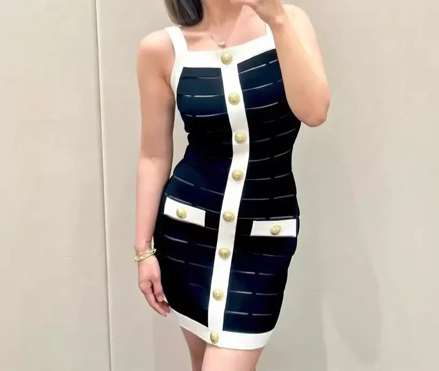 Vestido ajustado de punto negro para mujer, minivestido sexy de fiesta con tirantes sin mangas, ropa de verano 2024
