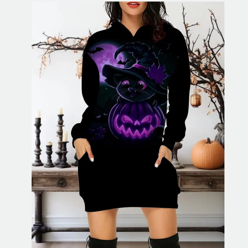 Evil Pumpkin Halloween Hoodies Fall Streetwear Pumpkin Pullover Sweatshirt Dresses Oversize Halloween Sweatshirts Short Dresses