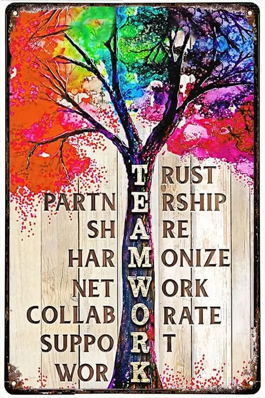 Funny Metal Tin Sign Teamwork Trust Partnership Share Harmonize Poster Vintage Sign for Home Coffee Wall Decor 8x12 Inch