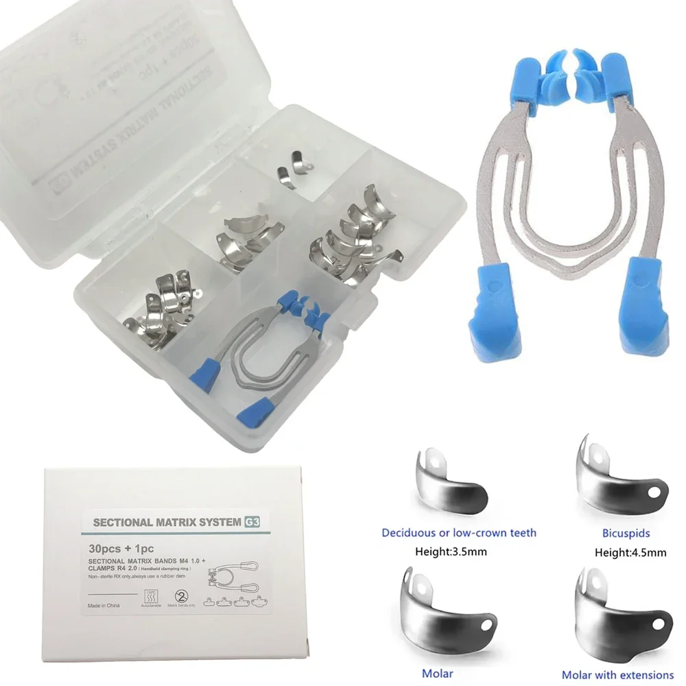 

Контурные металлические матричные ленты с зажимами для секционных реставраций, полимерные композитные наполнители, автоклавируемая стоматологическая система