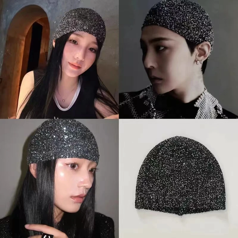 Korean Style Spring Sumber Sequined Thin Party Hat Female Atmosphere Spice Girl Knitted Neck Strap Streamer with Beanie Hat