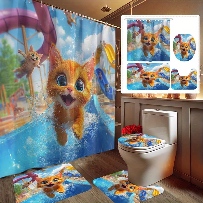 

4 шт., горка с милым котом, игривый принт Yudi, набор для украшения, набор для ванной комнаты, включает занавеску для душа, нескользящий коврик, чехол для унитаза, банный халат