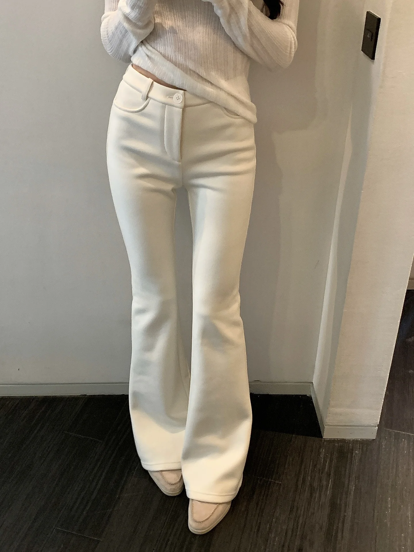 

Белые эластичные талии для похудения, расклешенные повседневные брюки, вязаные спортивные штаны против морщин, повседневные брюки на молнии с талией