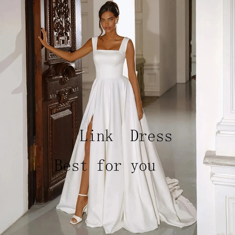 Square Collar Wedding Dresses for Ladies Elegant Side Slit Bridal Gowns with Satin Exquisite Sleeveless Vestidos De Novia New