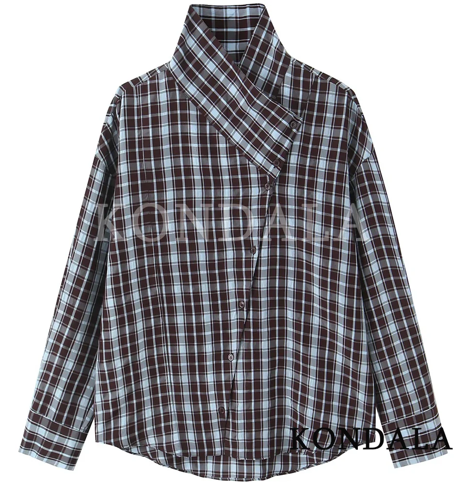 

Женская винтажная модная рубашка в клетку KONDALA, стильная рубашка для офиса, новая модная коллекция 2026 года, весенняя повседневная блузка для женщин в стиле High Street
