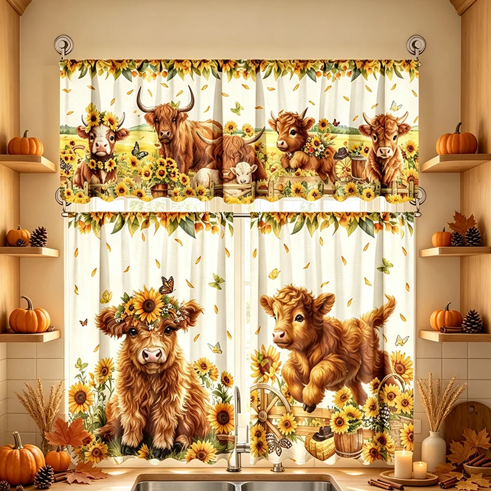 Kitchen Window Treatment Set, Highland Cow Sunflower, Farmhouse Style, Valance and Short Curtains, Cozy Kitchen Window Decor