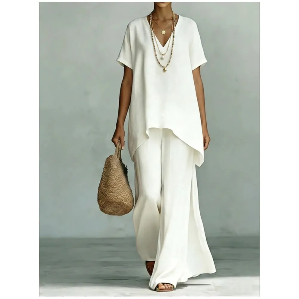 

Fashion Loose Cotton Linen Short-sleeved Trousers 2 Piece Set Women Summer New Casual V-neck Retro Female Wide-leg Trousers Suit