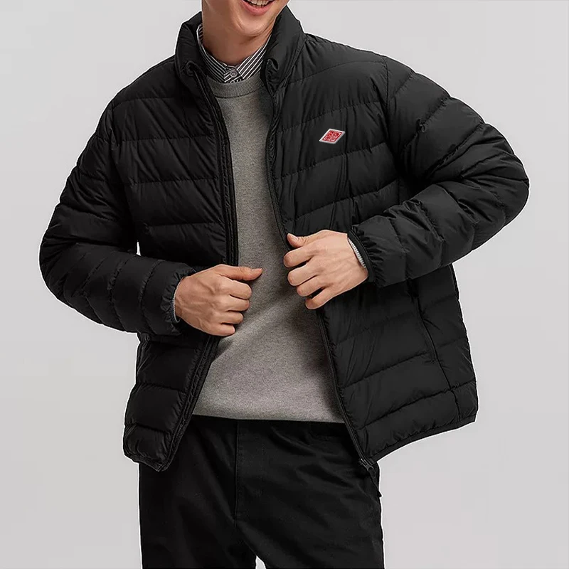 

Winter Korean Style Men With Embroidery Logo Front Light Thin Hooded Down Long sleeves Zipper Turtleneck Jacket Warm Windproof