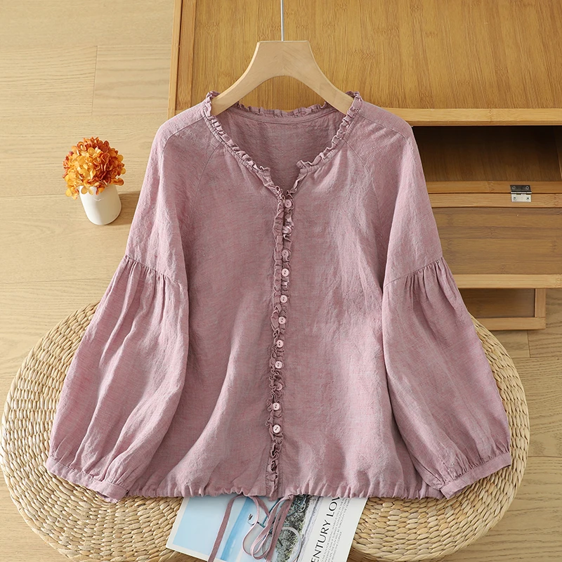 Pink Linen Shirt Casual Loose Fit Long Sleeve Drawstring Hem Wooden Button Collar Washed Color Weave Spring Autumn Shirt