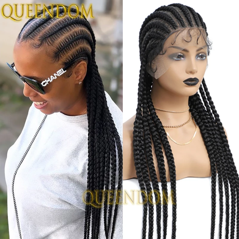 Volle Spitze Box geflochtene Perücke synthetische 36 Zoll Göttin häkeln Cornrow Zöpfe Zopf Perücken knotenlose Faux Locs Distressed Braids Perücken