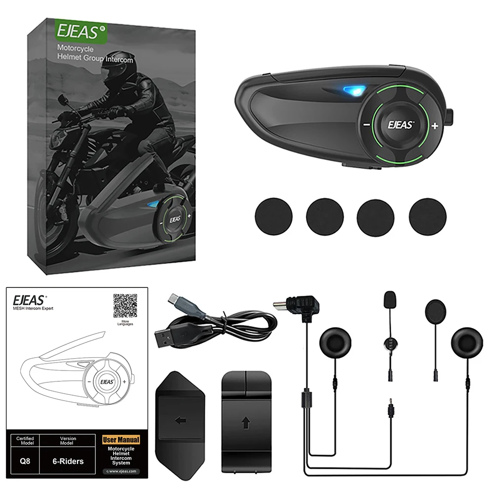 EJEAS Q8 Mesh Bluetooth Motorcycle Full Duplex Intercom 6 Riders 1000m Group Talking Moto Helmet Headset Intercomiuncador