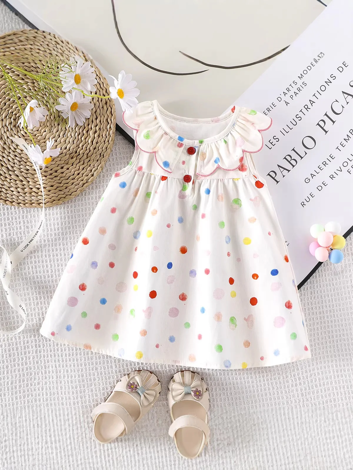 

2026 Summer 12M-5T Childrens Clothes Colored Polka Dots Contrast Color Ruffled Collar Doll Collar Girls Dress