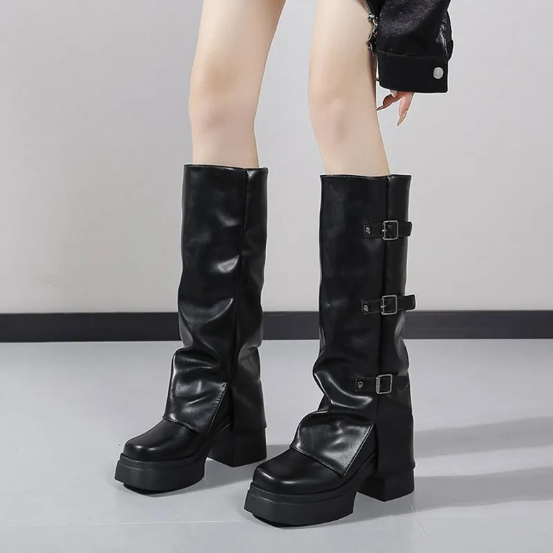 Luxury New Woman Boots Knee High Platform Chunky Heels Trend Punk Gothic Rock Leather Fashion Women's Shoes Motorcycle Footwear