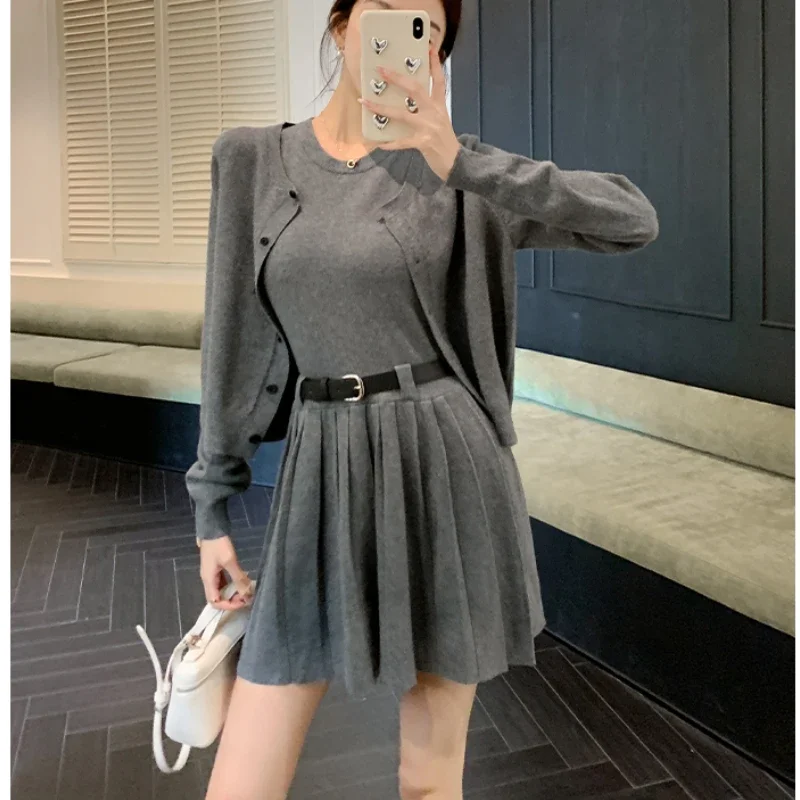 2024 Autumn Winter Knit Vintage 2 Piece Sets Woman Grey Pleated Design Casual Dresses + Loose Chic Coat Female Harajuku Clothes