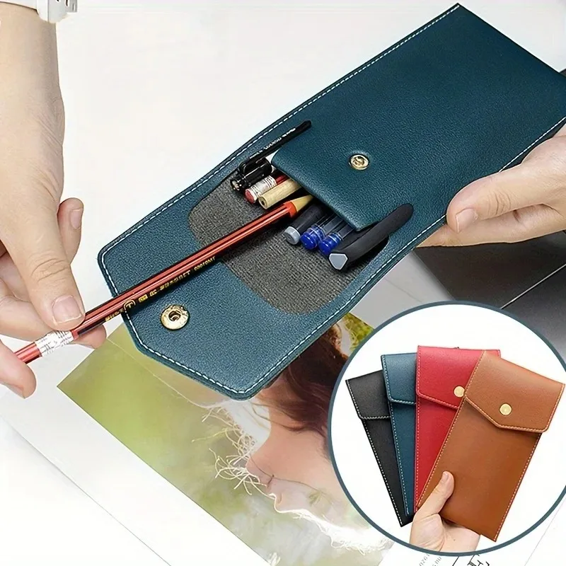 Estojo de Couro PU para Lápis, Bolsa de Armazenamento Portátil para Óculos de Estudante, Bolsa de Papelaria de Grande Capacidade para Escritório e Negócios, Estojo para Canetas