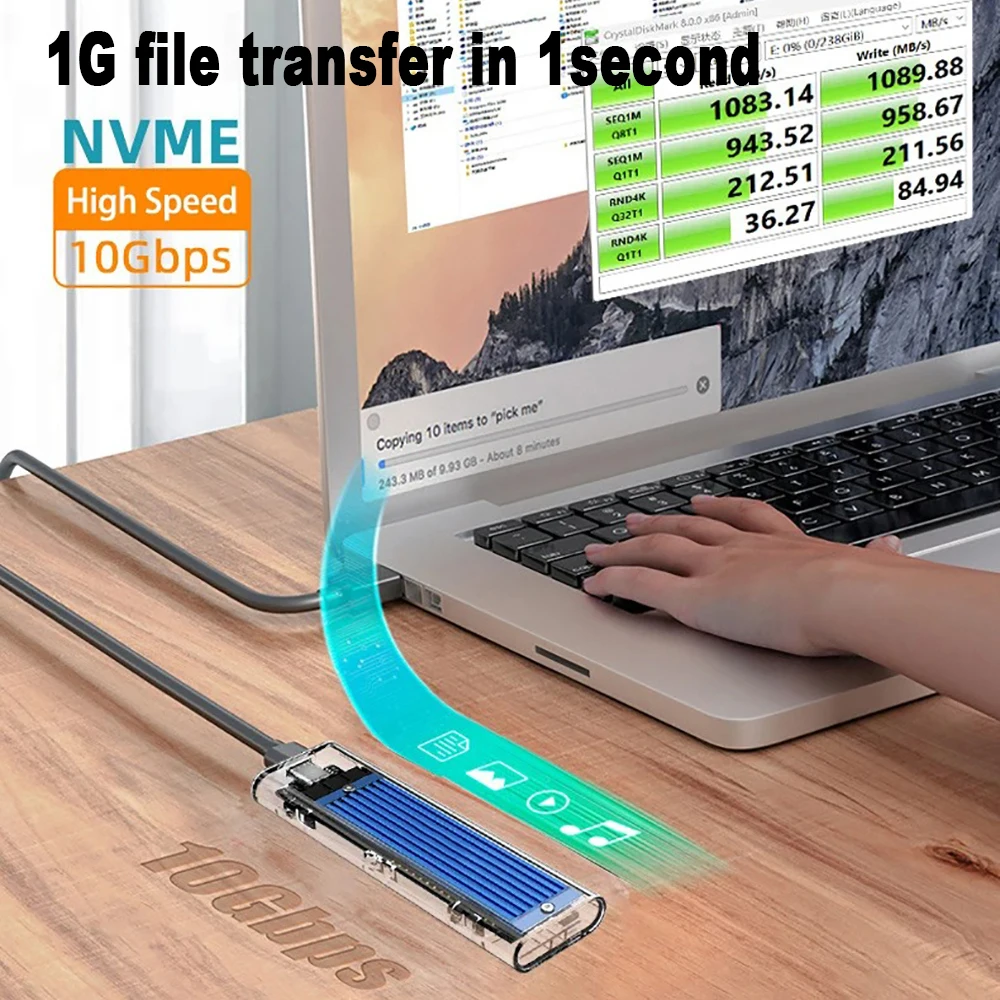 Custodia SSD M.2 NVMe NGFF Custodia SSD esterna trasparente USB 3.1 Gen2 10 Gbps M.2 SSD a USB Adattatore Supporto UASP per SSD PCIe