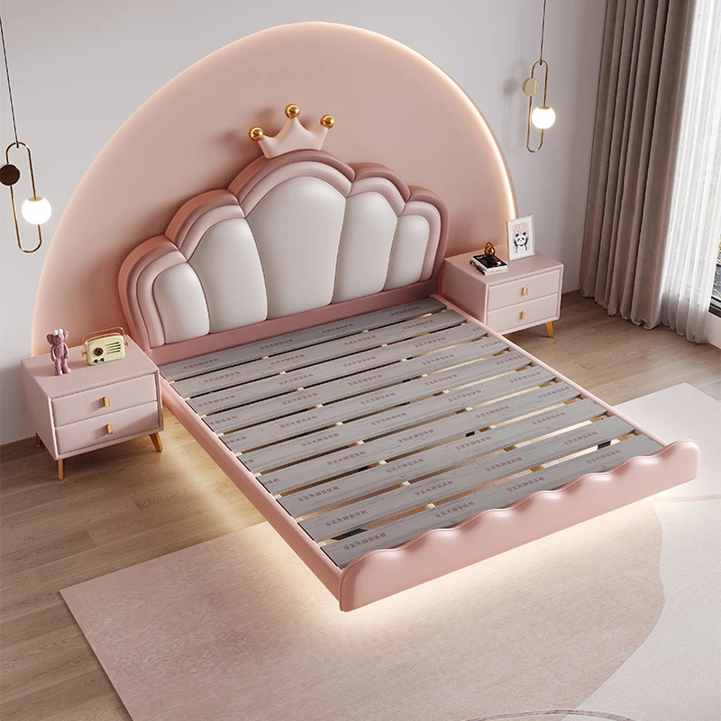 Cream Wind Children's Suspension Bed With Lights Modern Simple Girl Boy Soft Package Light Luxury Double Master Bedroom Bed