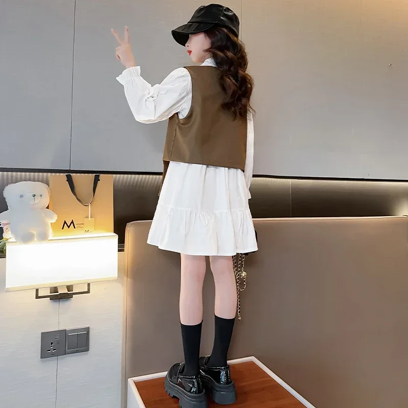 Spring and Autumn Girls Dress 2024 New Fashionable Children's Vest Skirt Two Piece Set Casual Vest High Street Shirt Dress Trend