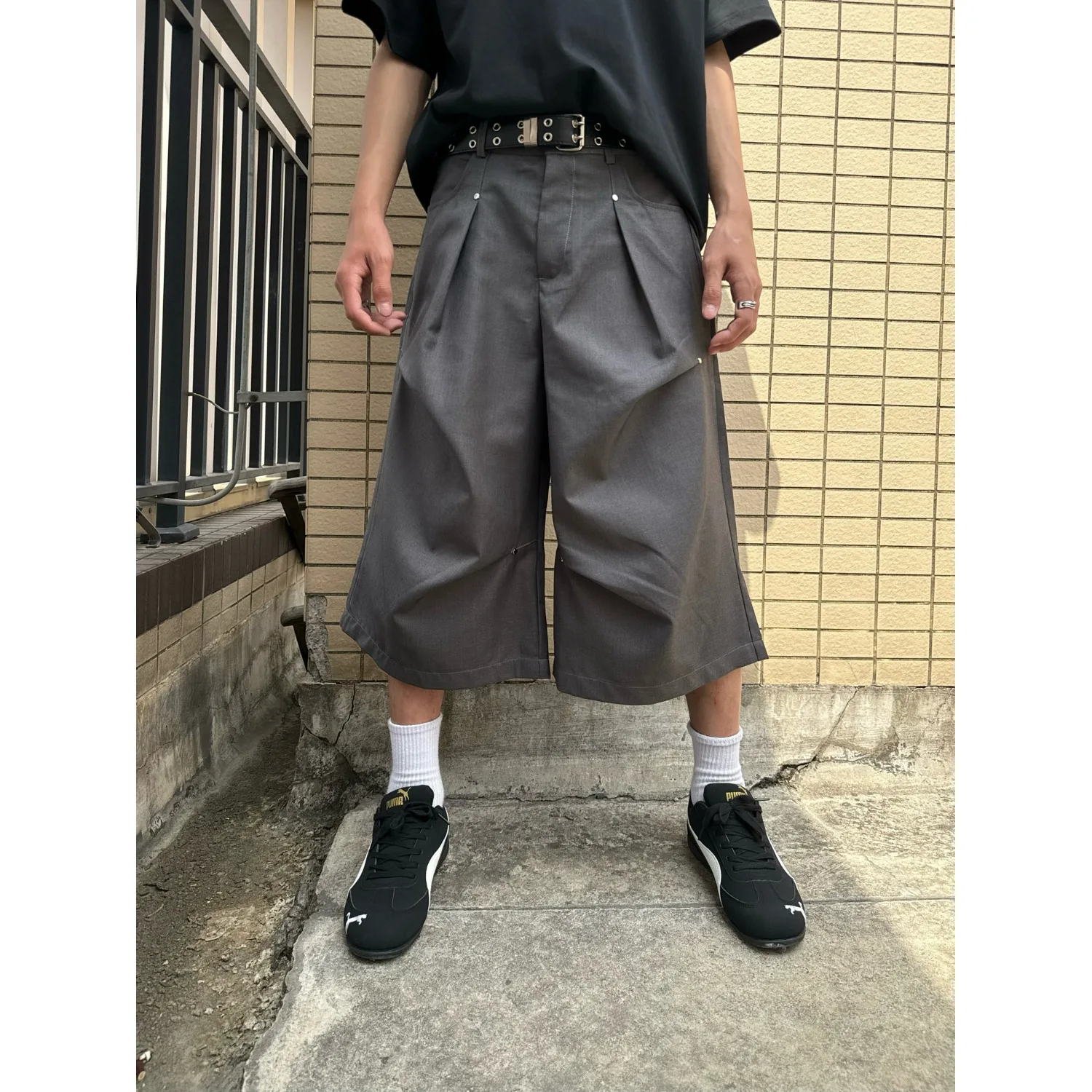 

Summer Large Size Men's Bla Rivet Pleated orts Cool Feeling Loose Fit Knife orts Youth Casual Cotton Blend Pants