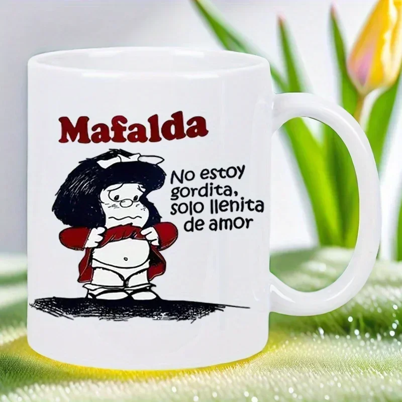 Mafalda 11 oz Ceramic Coffee Mug, Insulated, Travel Mug, Hand Wash Recommended - For Coffee Lovers, Unisex, White