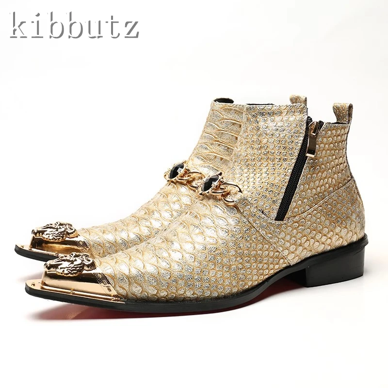 Snake Print Genuine Leather Men's Boots Luxury Brand Gold Chain Pointed Toe Flat Ankle Boots Male Party Business Shoes