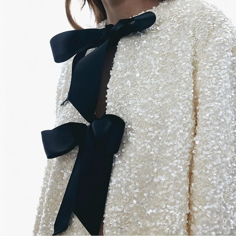 스팽글 매듭 롱 슬리브 라운드 넥 자켓 겨울 아우터웨어 출퇴근용 스트레이트 컷 폴리에스터 섬유 코트