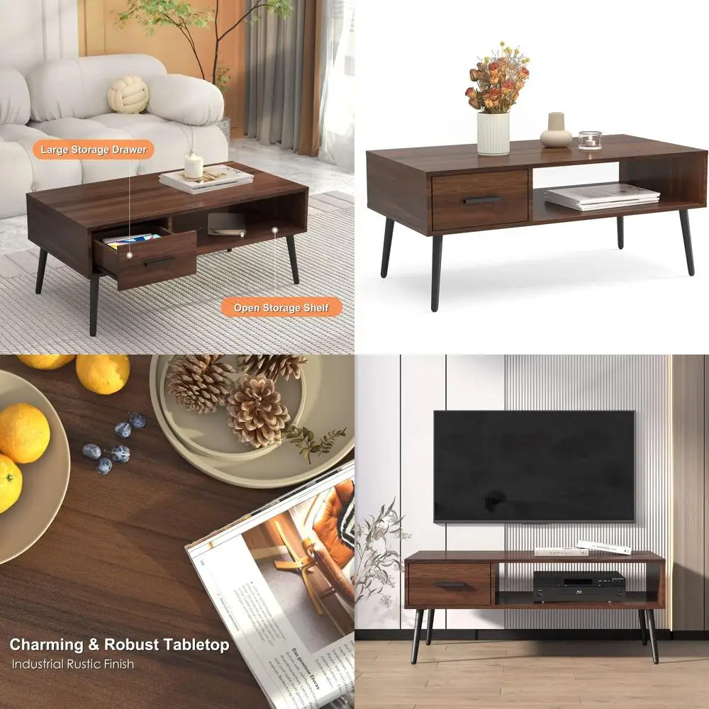 

Mid-Century Modern Walnut Coffee Table with Storage, Drawer and Shelf, Dark Brown, for Living Room & Office