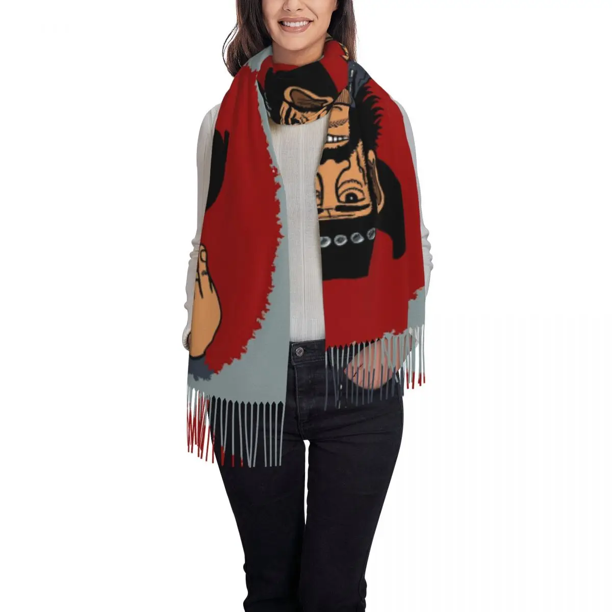 صورة مرسومة من روك ستار Lemmy وشاح شرابة الأوشحة للنساء شالات دافئة ناعمة ويلتف شال طويل الخريف والشتاء