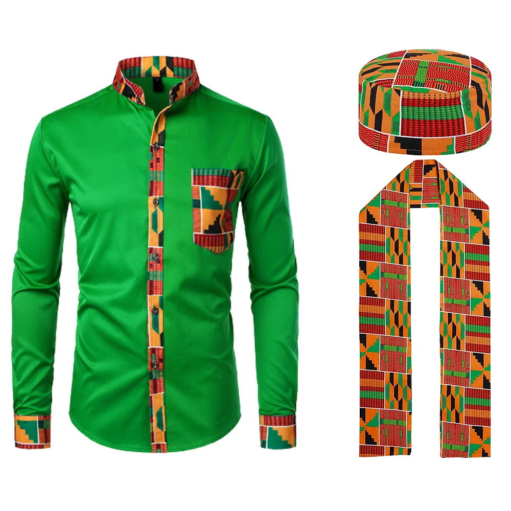 3 Pcs Hat Scarf Top African Kente Cosplay Pattern Costume Set with Button Shirt Kufi Stole Sash Outfit for Black History Month