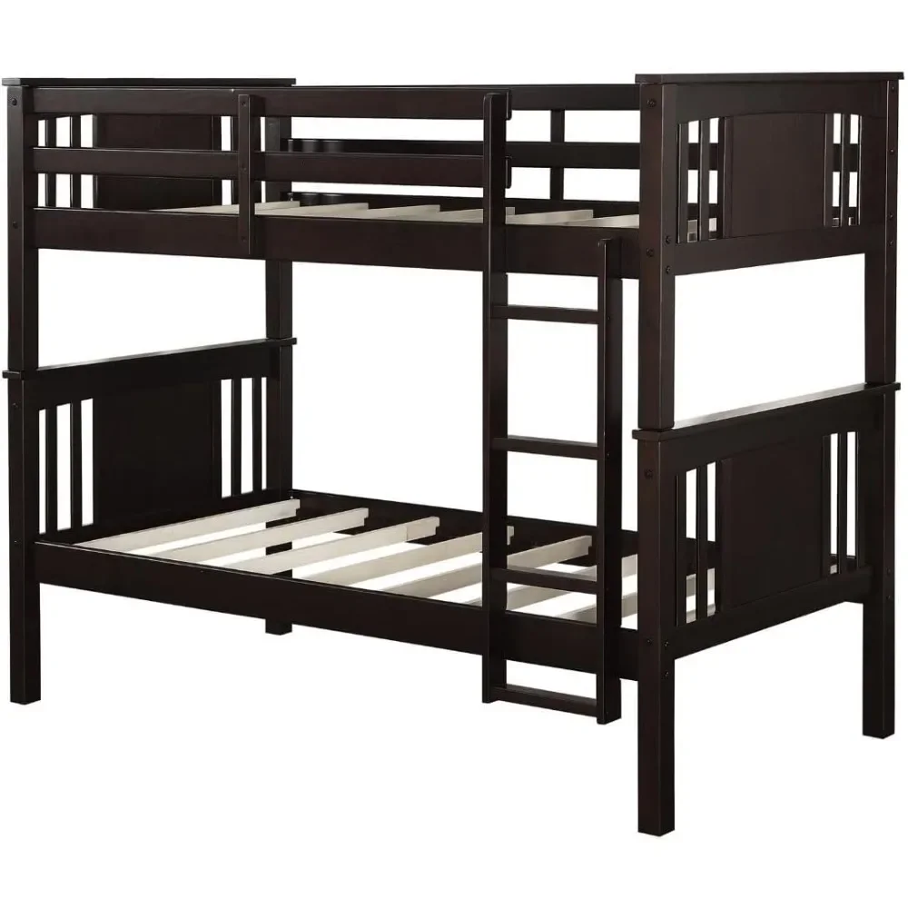 Convertible Wood Bunk Bed, Stackable and Detachable Bed Frames for Kids and Teens, with Ladder, High Guardrail, Wood Slats