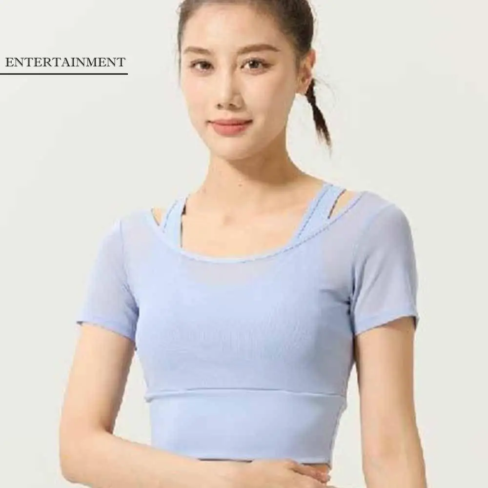

Fake Two Pieces Short Sleeve Women Yoga Shirts Padded Fake 2 Pieces Sports Tees Breathable Mesh Gym Tops Yoga