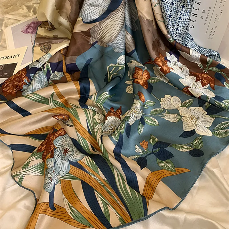 108CM Floral Square 100% Silk Scarf Women High Quality Silk Large Square Bandana Scarves view 6