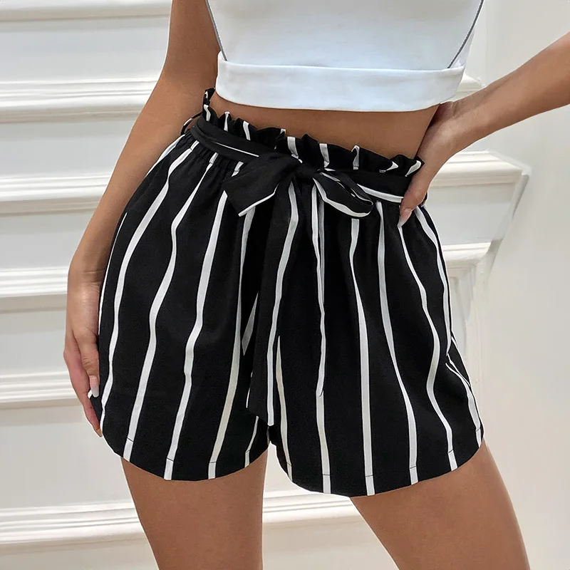 Women's Boxer Shorts with Tie Waist Paperbag Waist Black and White Striped Shorts Summer Vacation Beach Outfit