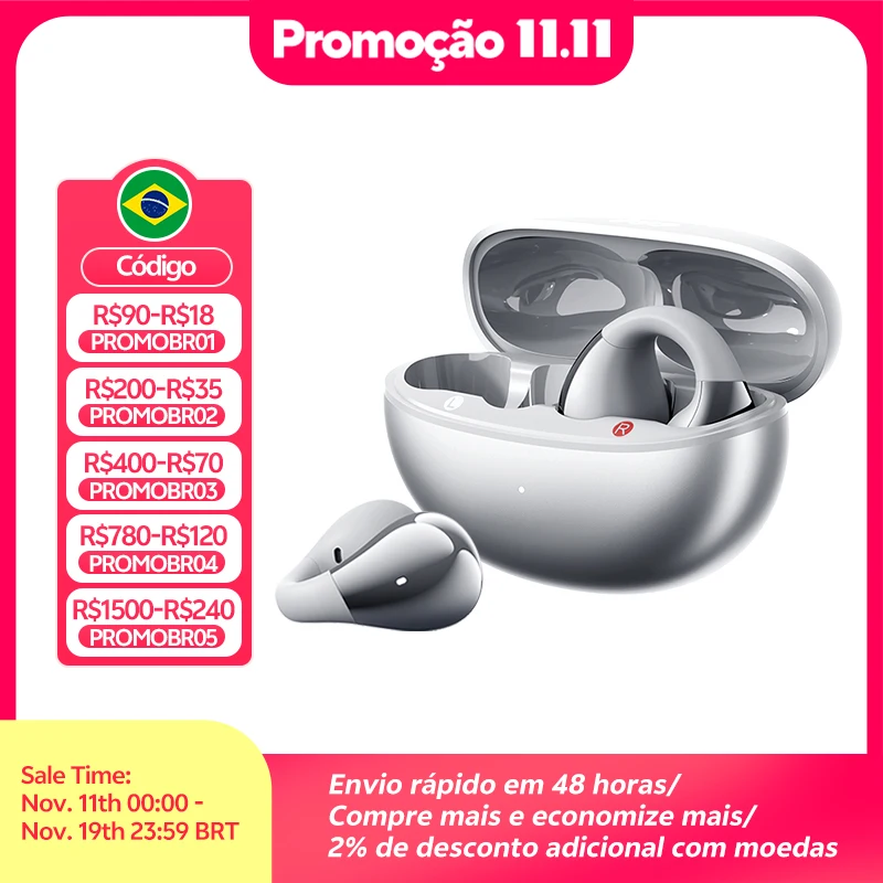 Qcy crossky c30s fones de ouvido sem fio de orelha aberta hi-res com clipe de orelha ldac fones de ouvido bluetooth 6.0 clipe em fones de ouvido esportivos 40 horas